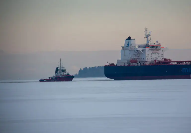 Bogserbåt och fartyg i hamninloppet.